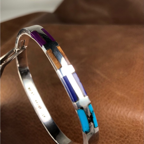 MCM HINGED CUFF STERLING SILVER TAXCO WOMENS TURQUOISE TIGERS EYE LAPIS SUGILITE - Picture 3 of 12